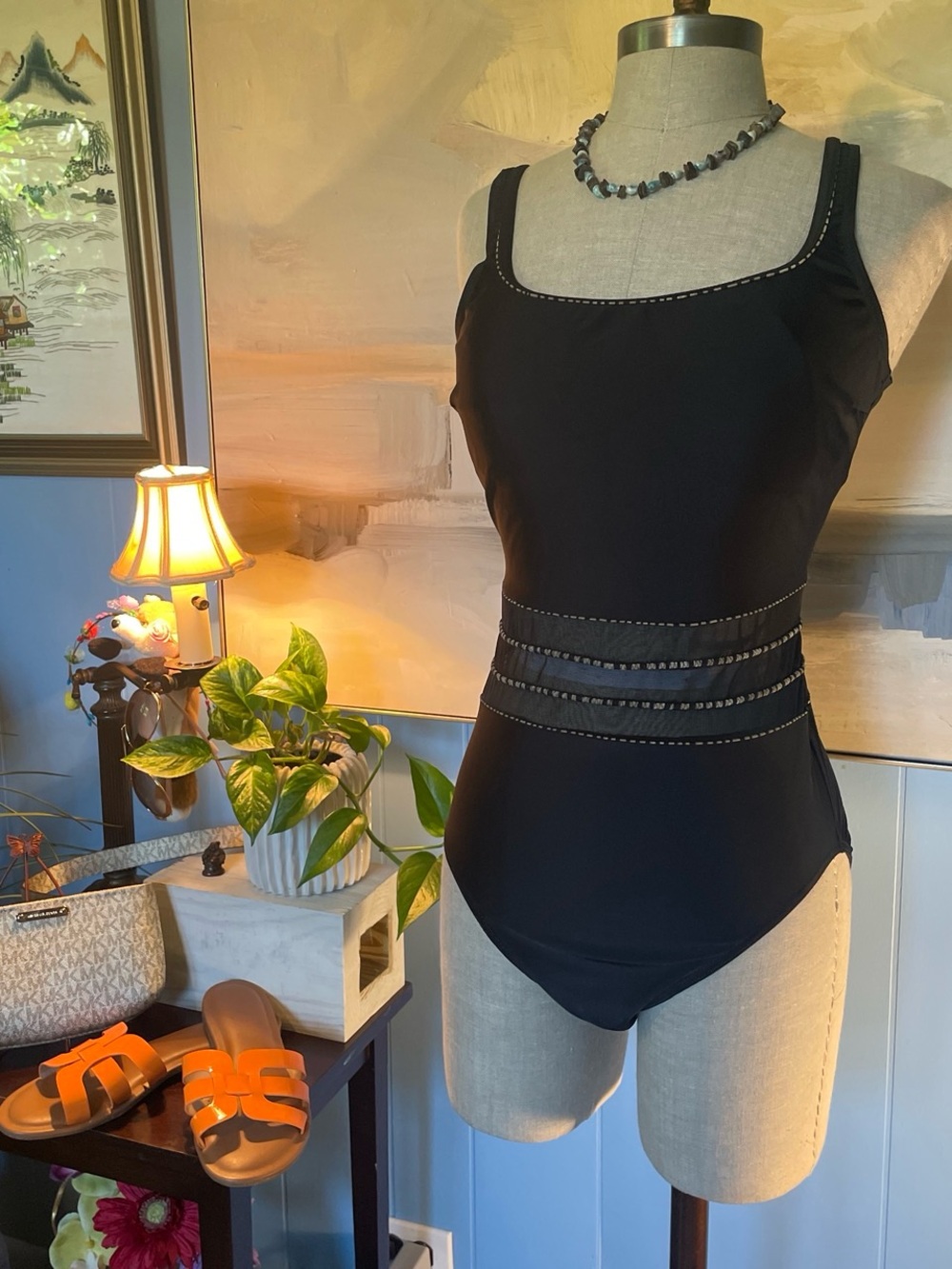 Christina Black One-Piece Swimsuit with Mesh Waist Panels